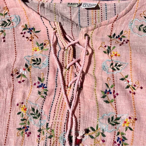 100% Cotton Made in India, pale pink boho embroidered blouse romantic floral S - Picture 2 of 8